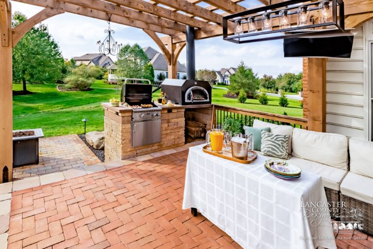 Heavy timber wooden pergola with harrisburg pizza oven